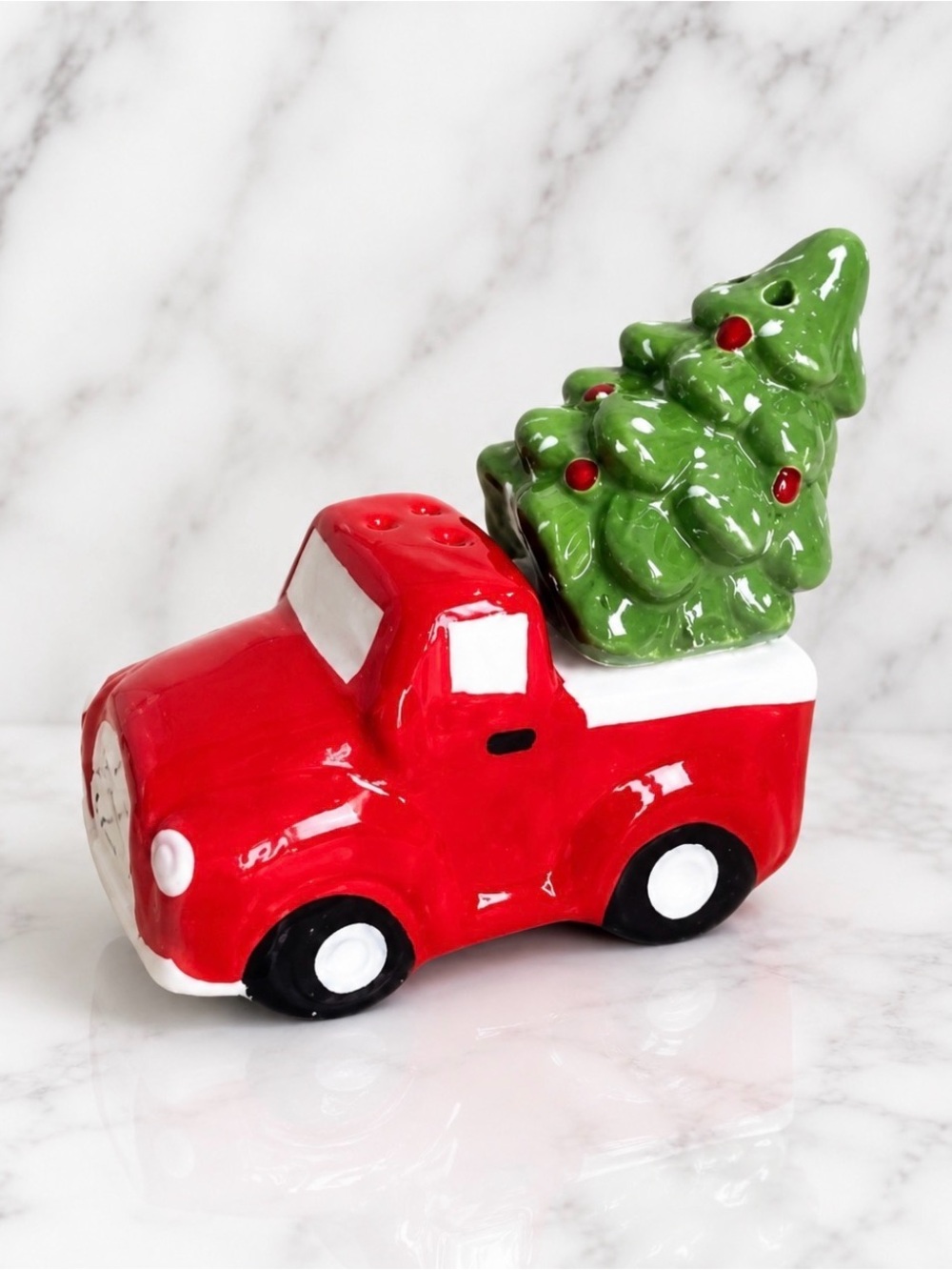 Red Truck with Light Green Christmas Tree Ceramic Salt and Pepper Shakers